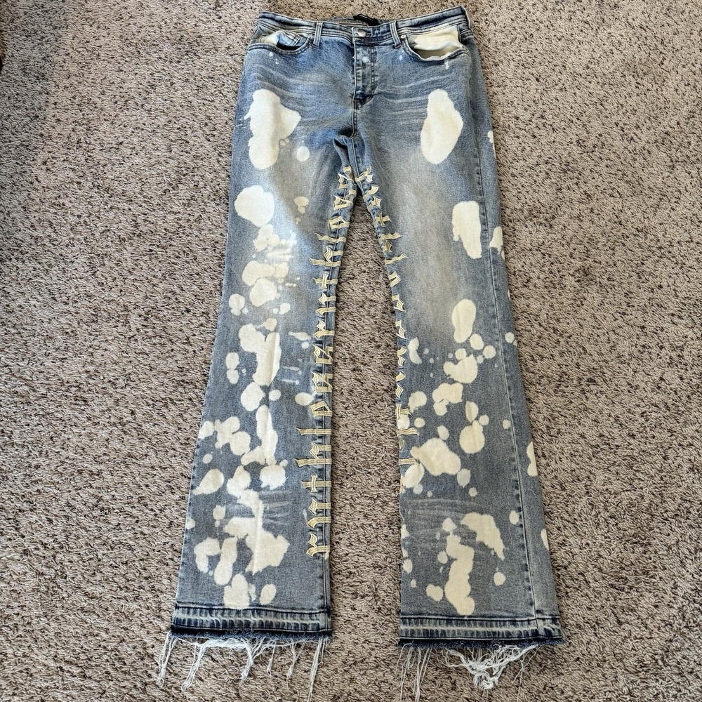 NOVA Bleached Denim Jeans Men Size 34 Embroidered Gothic Raw Hem